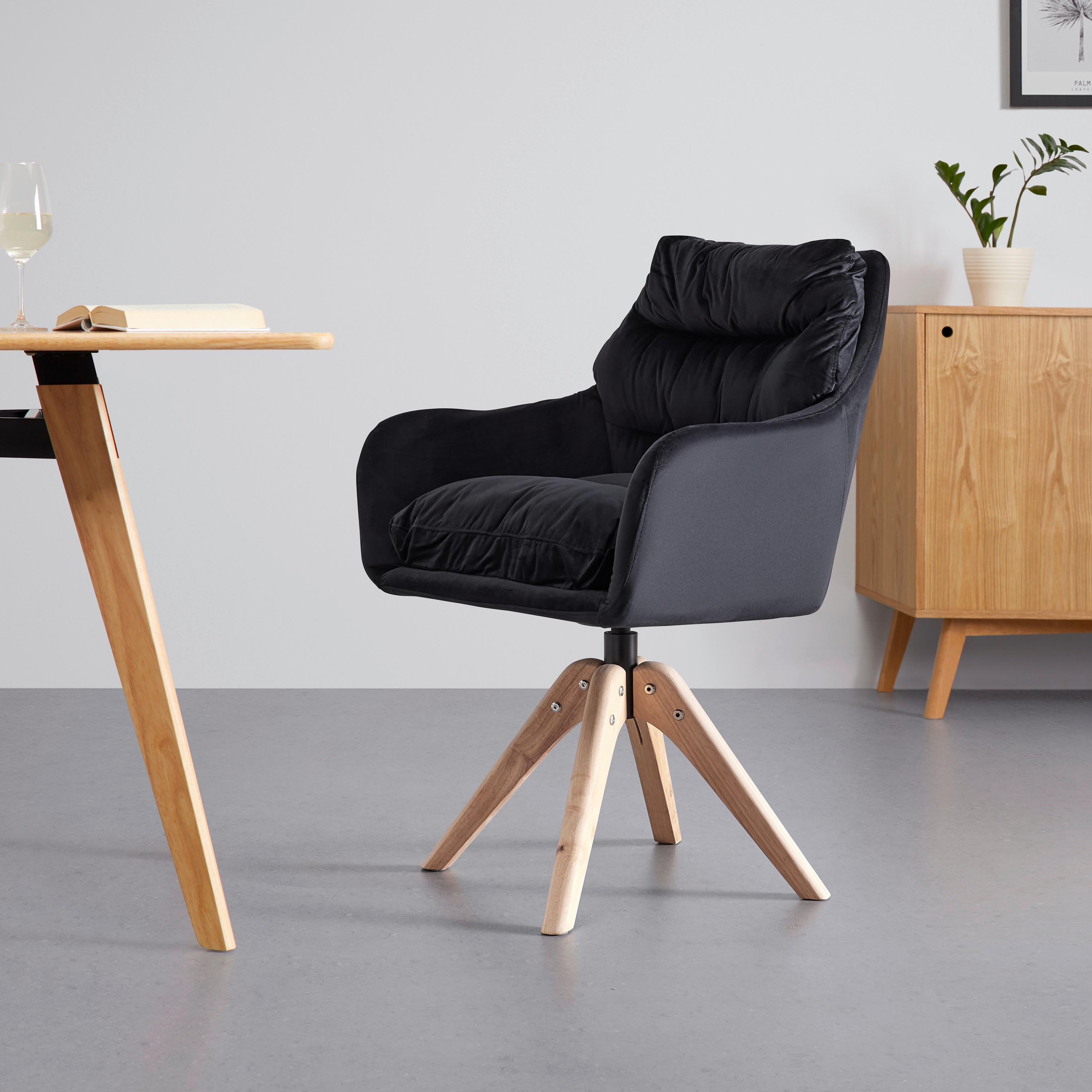 Armlehnstuhl "Juana" Samtbezug, drehbar, schwarz - Schwarz/Naturfarben, MODERN, Holz/Textil (61/93/65cm) - Bessagi Home