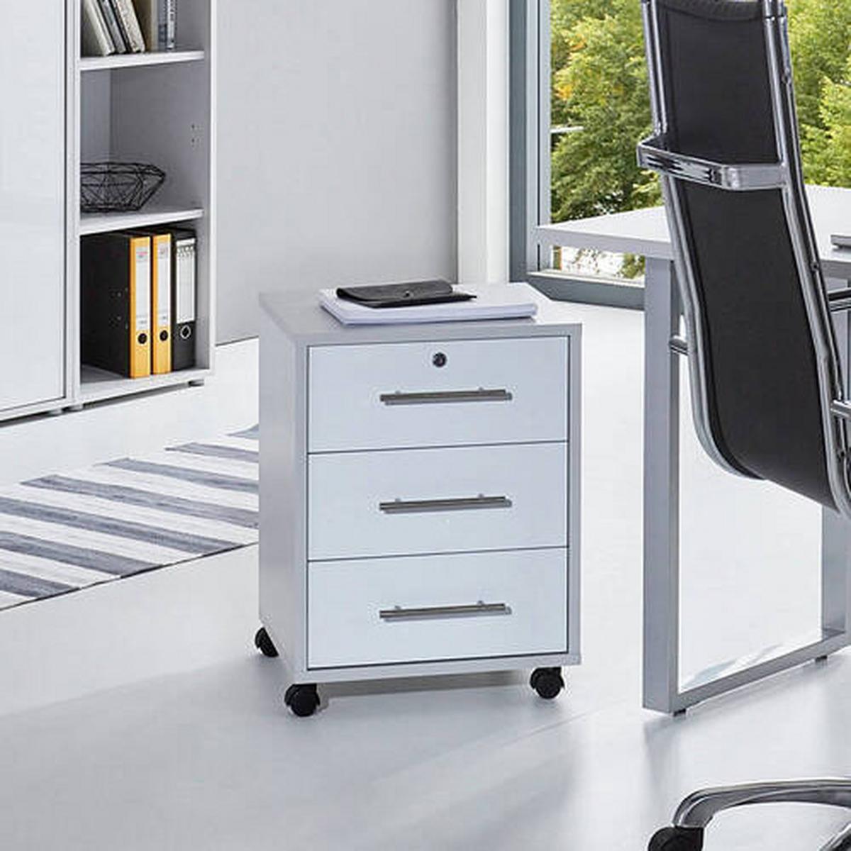 Rollcontainer Office Edition Grau/Weiß - Edelstahlfarben/Weiß Hochglanz, MODERN, Holzwerkstoff/Kunststoff (44/58/40cm) - MID.YOU