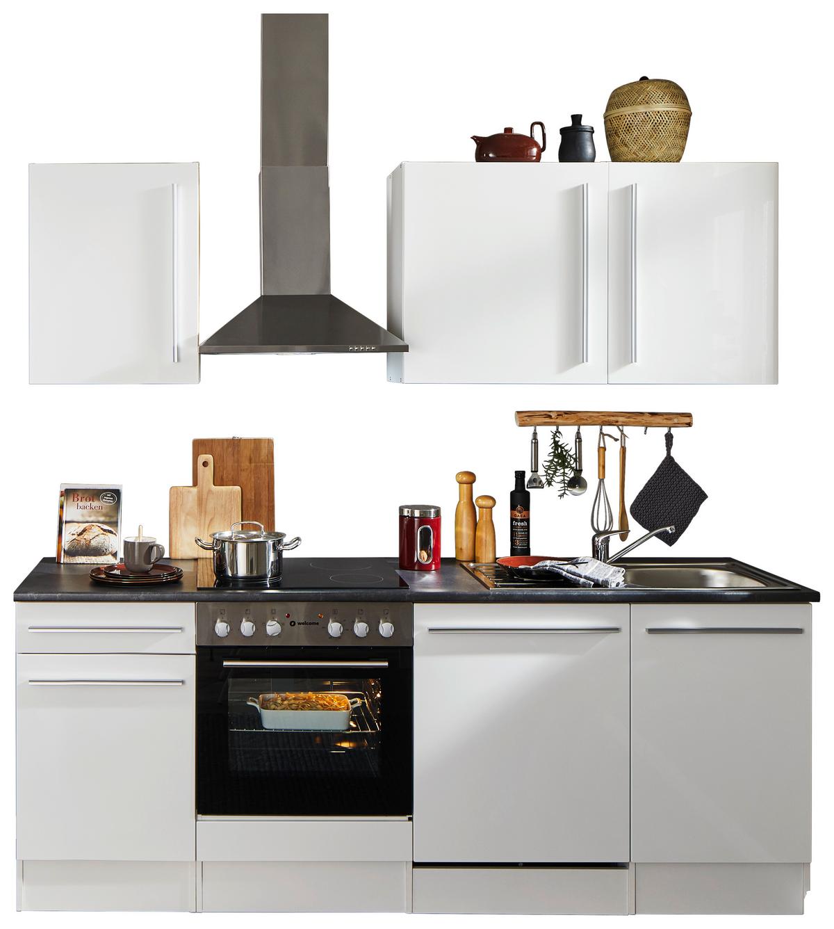 Küchenblock Jazz mit Geräten ca.220cm Weiß Hochglanz - Weiß Hochglanz/Dunkelgrau, LIFESTYLE, Holzwerkstoff/Kunststoff (220cm) - P & B