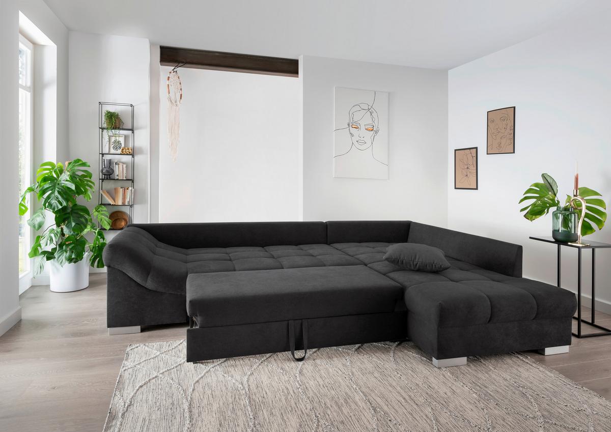 Wohnlandschaft Alvito Schwarz Nylon/Mikrofaser - Silberfarben/Schwarz, Design, Holz/Textil (298/202cm) - MID.YOU