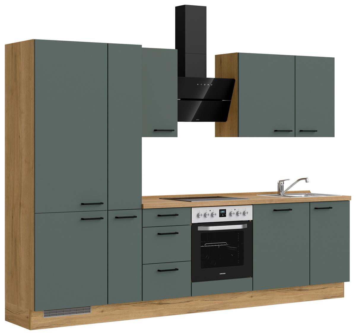 Küchenblock Easytouch High m. Geräten Dunkelgrün - Dunkelgrün/Eichefarben, MODERN, Holzwerkstoff/Metall (300cm) - Nobilia