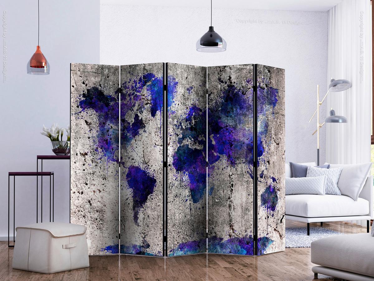 Paravan Inked World Map, 5-Delni, Dvostranski - vijolična/bež, Basics, tekstil/les (225/172cm) - artgeist