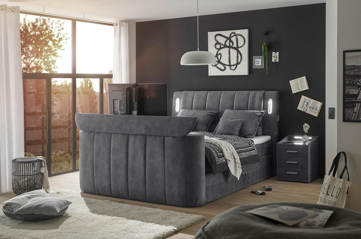 Boxspringbett Dallas m. LED ca. 180x200 cm Anthrazit - Anthrazit, MODERN, Holzwerkstoff/Kunststoff (180/200cm) - MID.YOU
