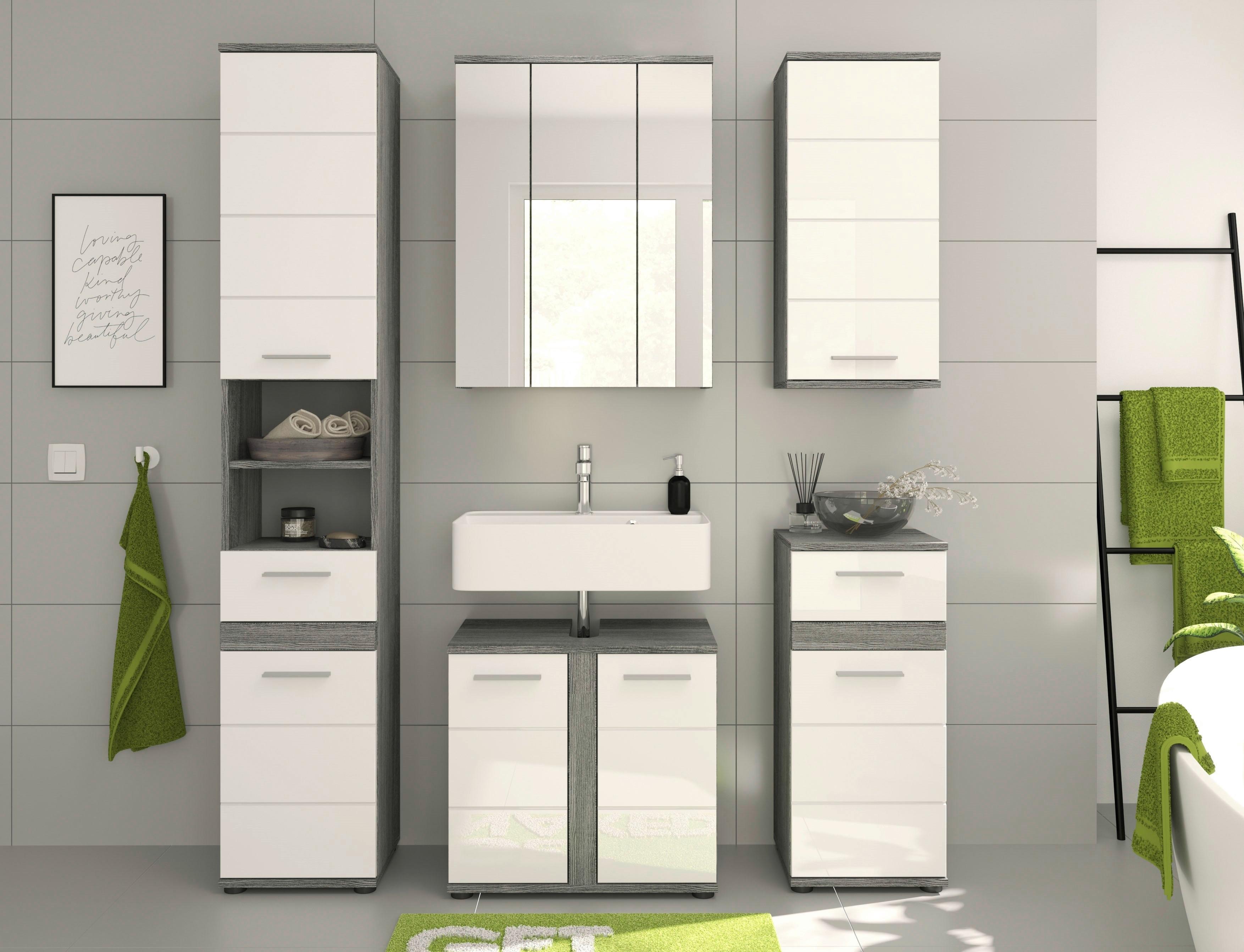 Badezimmer-Set BLAKE 5-teilig, Weiß Hochglanz - Weiß Hochglanz/Silberfarben, MODERN, Holzwerkstoff/Kunststoff (130cm) - MID.YOU