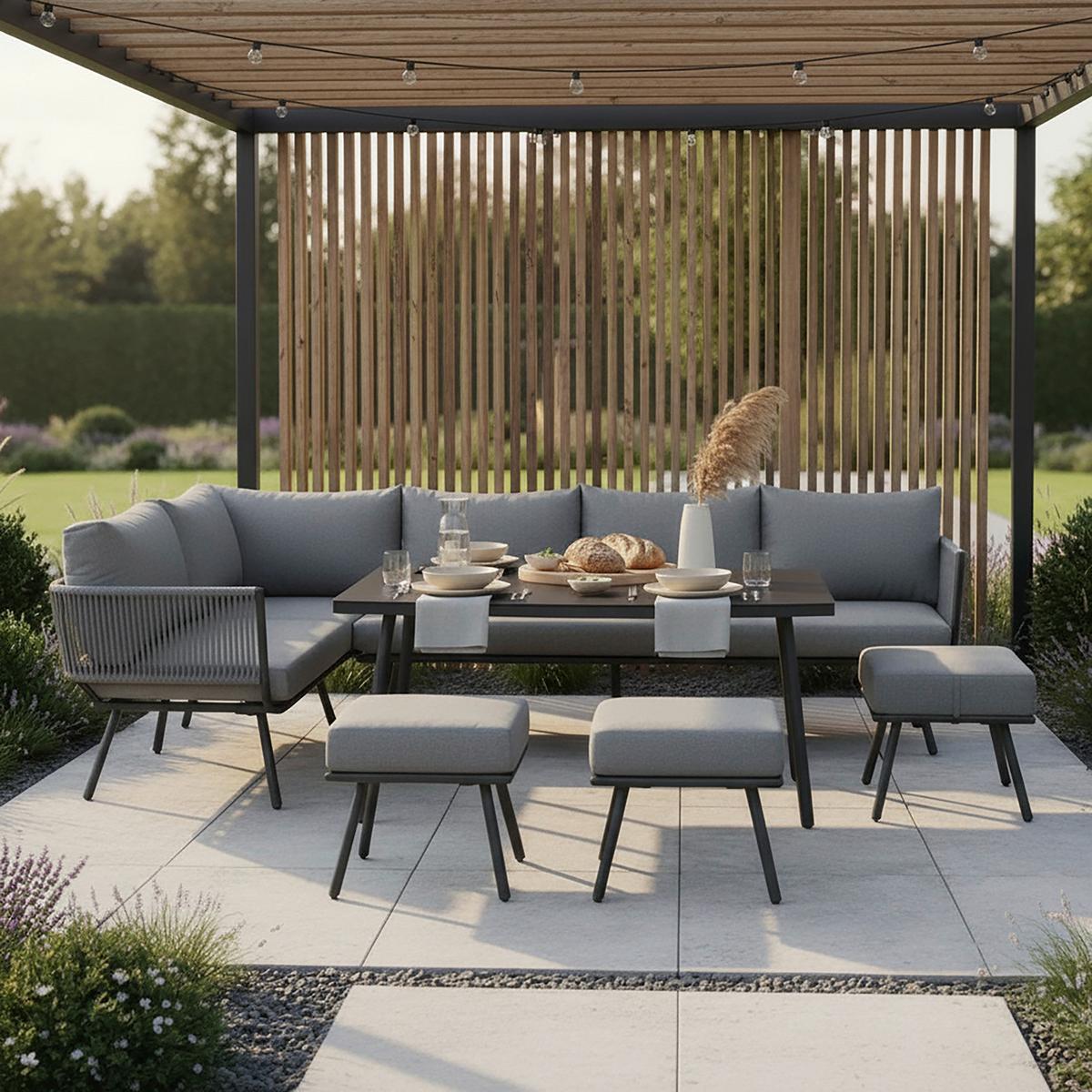 Dining-Loungeset Camilla Grau Outdoorstoff/Metall/Glas - Grau, MODERN, Glas/Textil (252/65/68cm) - Bessagi Garden