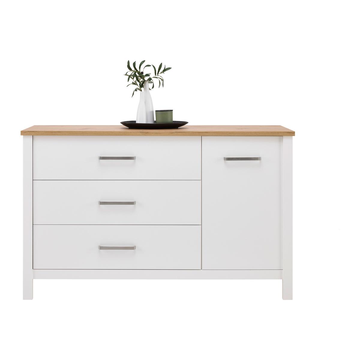 Sideboard Sicilia Weiß/Eiche - Silberfarben/Weiß, ROMANTIK / LANDHAUS, Holzwerkstoff/Metall (148/92/45cm) - Mömax