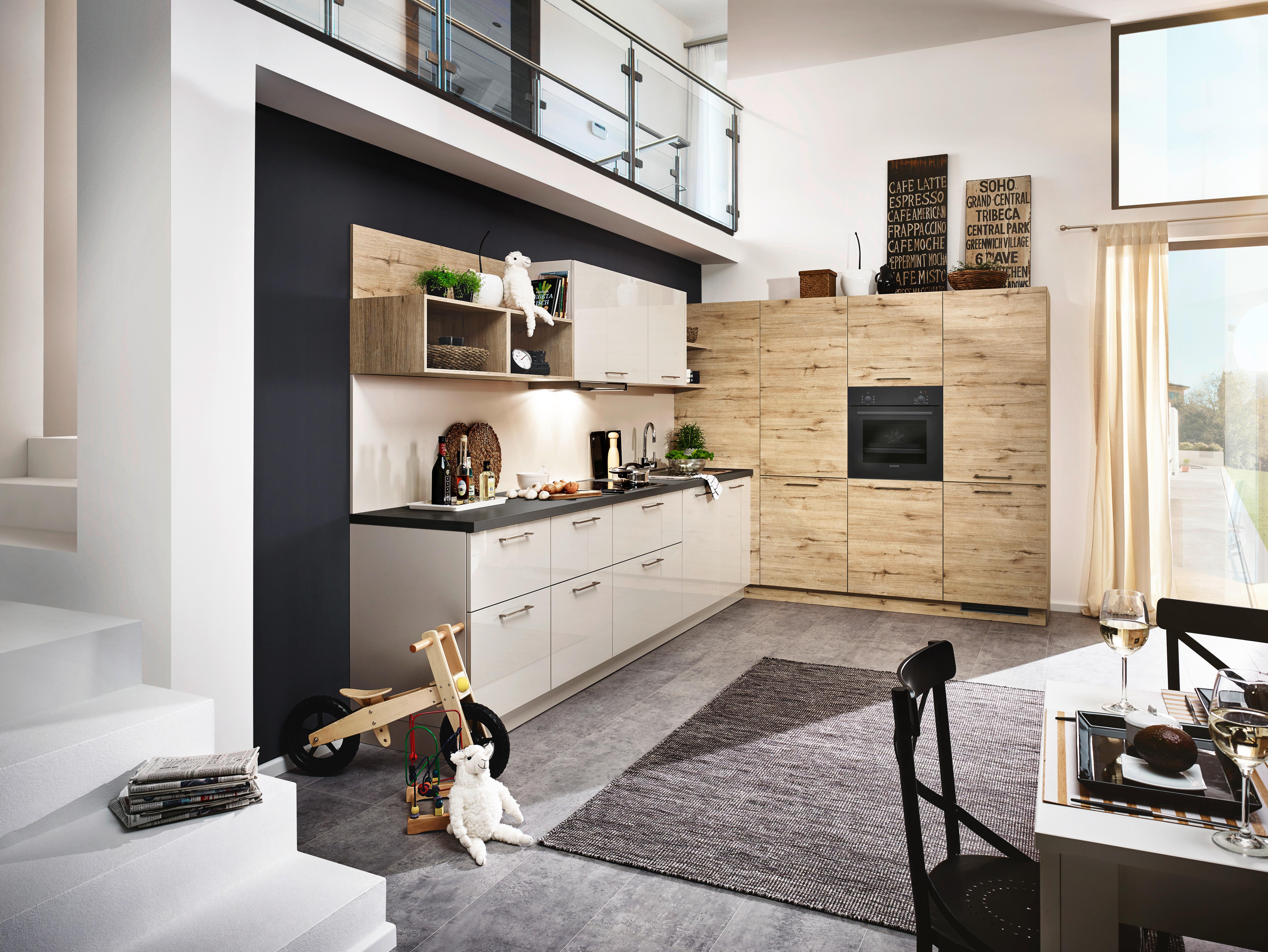 Einbauküche Lux Beige/Wildeiche - Wildeiche/Edelstahlfarben, MODERN, Holzwerkstoff (338,2/180cm) - Nolte Küchen