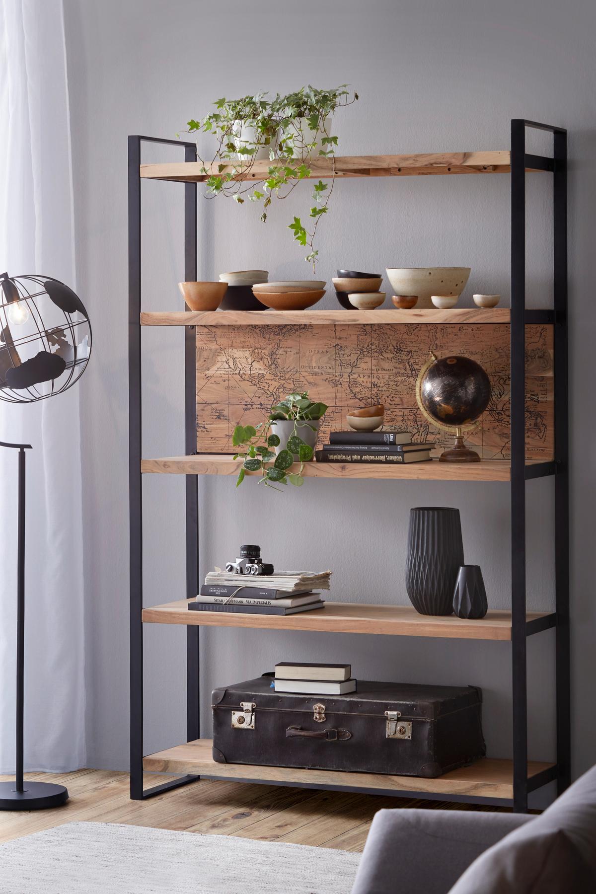 Regal aus Akazie Massiv - Schwarz/Naturfarben, Lifestyle, Holz/Metall (125/200cm) - Mömax