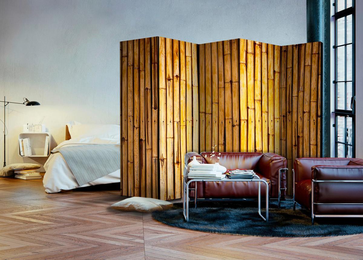 Paravan Bamboo Garden I, 5-Delni, Dvostranski - svetlo rjava/rumena, Basics, tekstil/les (225/172/3cm) - artgeist