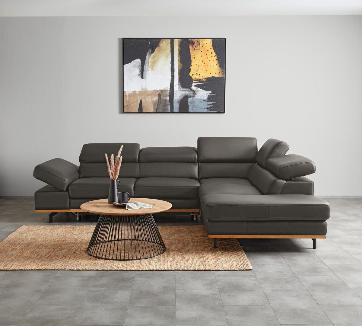 Wohnlandschaft Carmen rechts Graublau - Graublau/Schwarz, MODERN, Leder/Holz (292/72/226cm) - Premium Living