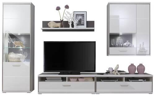 MEBLOŚCIANKA DO SALONU TRENTO - biały wysoki połysk/kolor srebrny, Design, materiał drewnopochodny/metal (321/201/52cm) - Livetastic