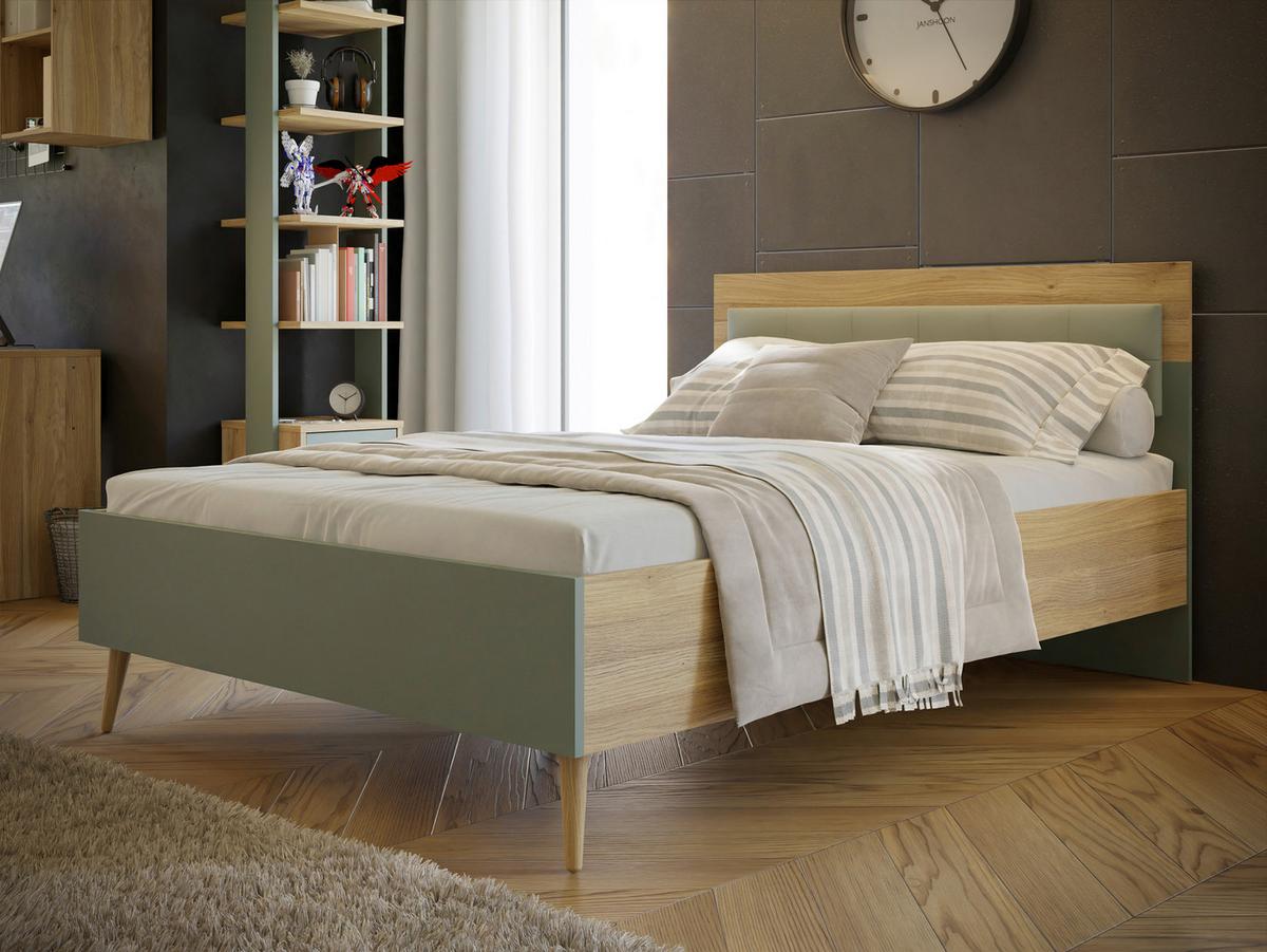 Cadru pat Whenua - verde salvie/culoare lemn stejar, Modern, metal/textil (140/200cm) - Mömax