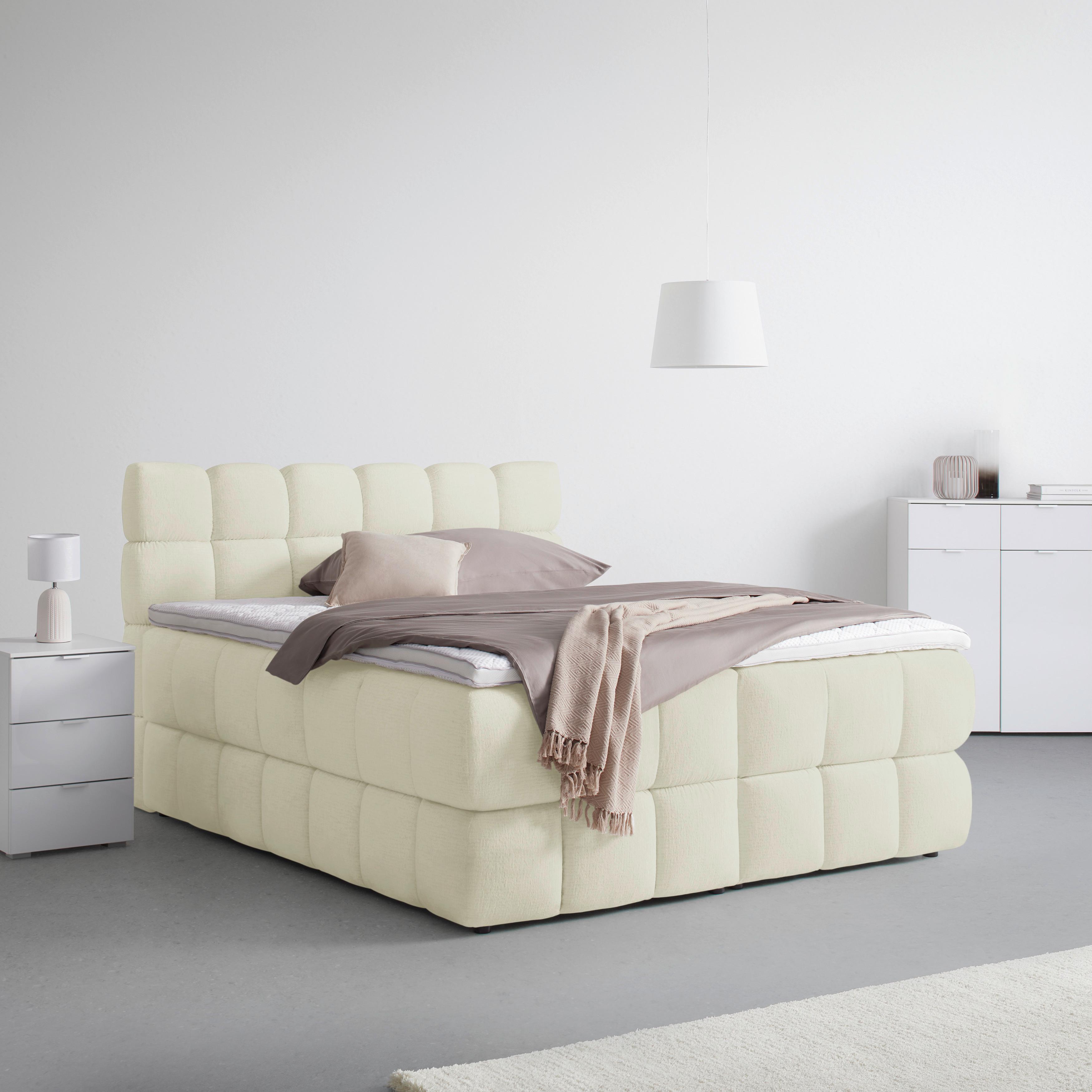 Boxspringbett Bubble Box Ecru ca. 180x200cm - Ecru/Schwarz, KONVENTIONELL, Holz/Textil (180/200cm) - Premium Living