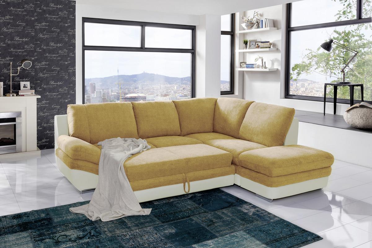 Wohnlandschaft Nardo in Creme/Dunkelgelb - Chromfarben/Dunkelgelb, MODERN, Textil/Metall (264/221cm) - MID.YOU