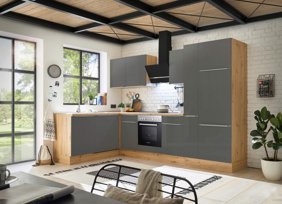 Eckküche Marleen mit Geräten Grau/Eiche ca. 310x170 cm - Anthrazit/Alufarben, LIFESTYLE, Holzwerkstoff/Kunststoff (170/310cm) - Respekta