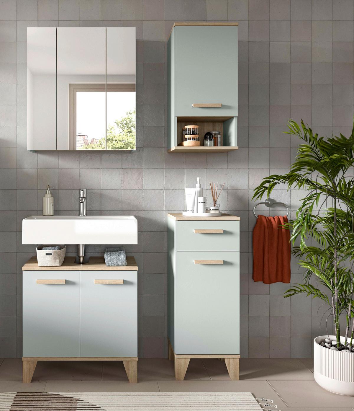 Badezimmer Star 4-tlg. ca. 94 cm Eiche/Grüngrau - Graugrün/Eiche San Remo, MODERN, Holzwerkstoff/Kunststoff (94cm) - MID.YOU