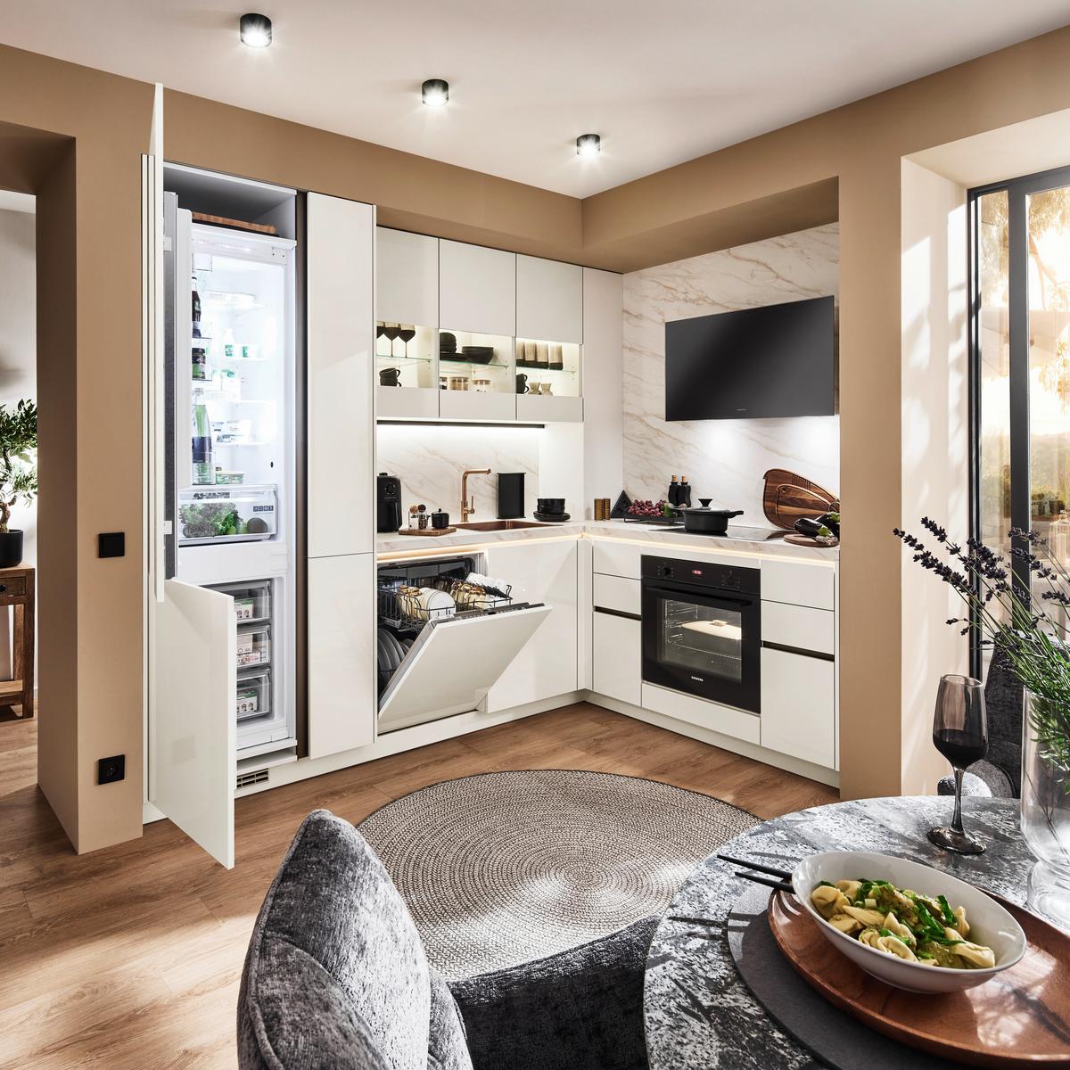 Eckküche Novalux o. Geräte ca. 281x187cm Weiß - Weiß/Bronzefarben, MODERN, Metall (281/187cm) - Nobilia