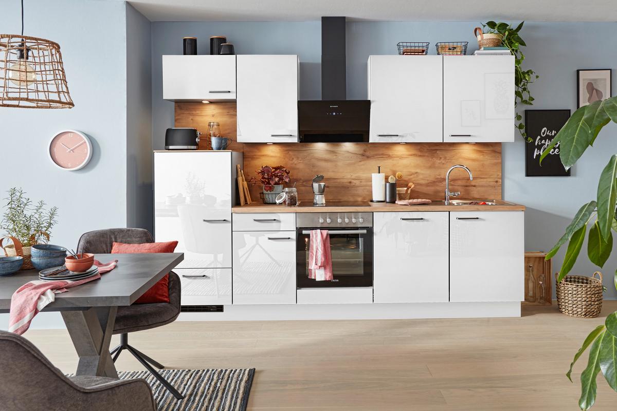 Küchenblock inkl. 4 E-Geräte Flash weiß - Weiss/Eichefarben, Modern, Holzwerkstoff/Metall (290cm) - Nobilia