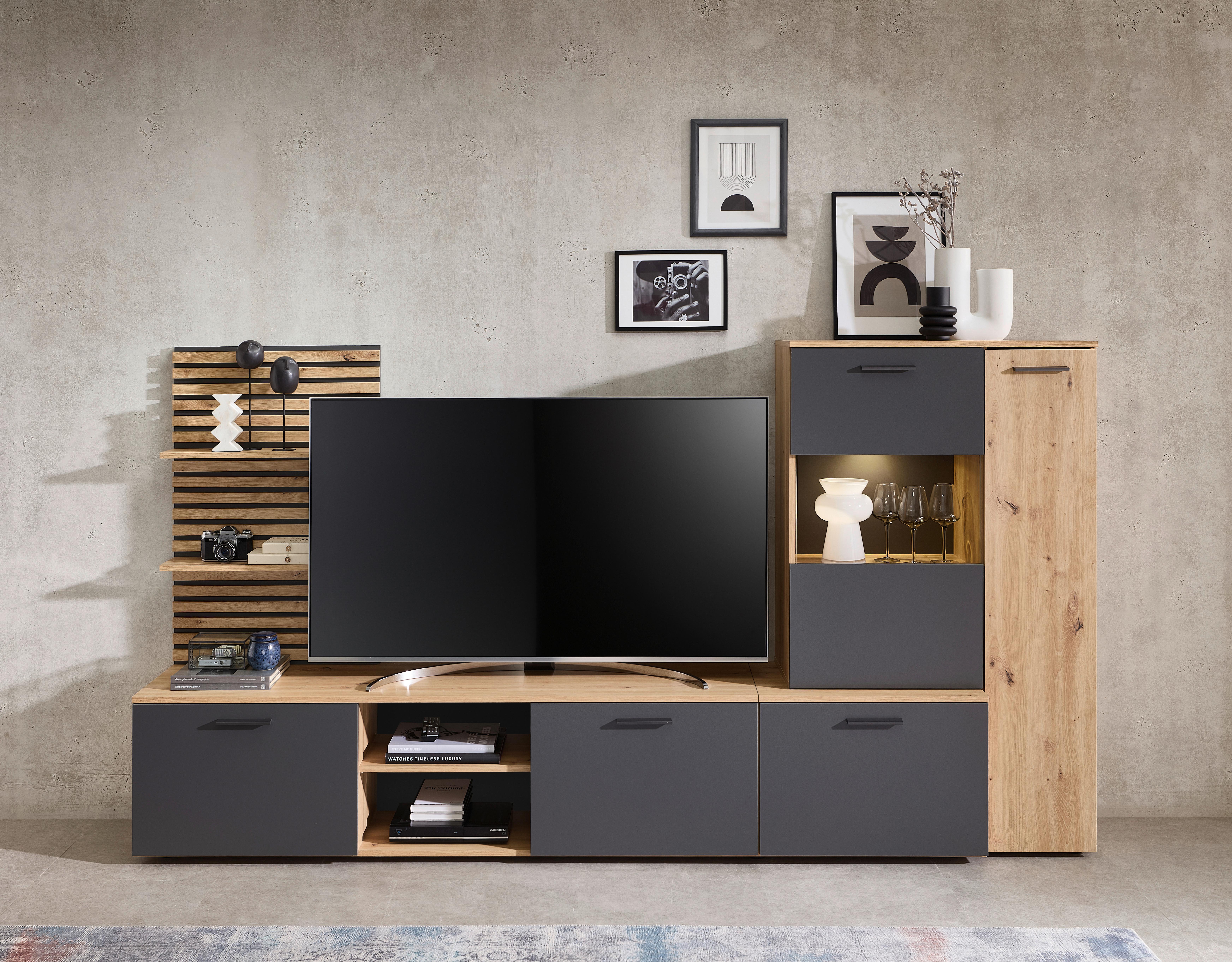 Dnevni Regal Heathrow, Barva Hrasta, Antracit - črna/antracit, Design, umetna masa/steklo (250/135/38cm) - MID.YOU