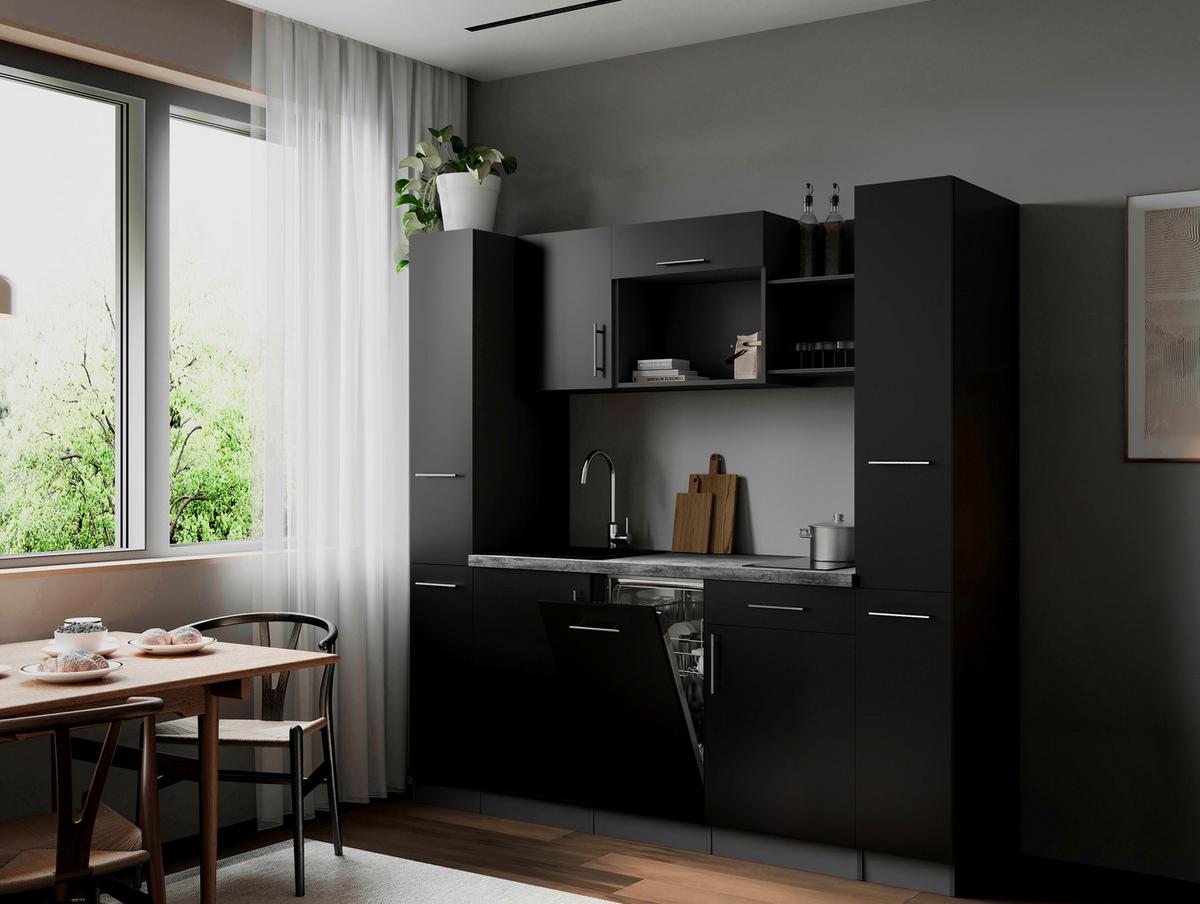 Küchenblock Oliver m. Geräten Schwarz - Schwarz/Grau, Trend, Holzwerkstoff/Metall (205cm) - Respekta