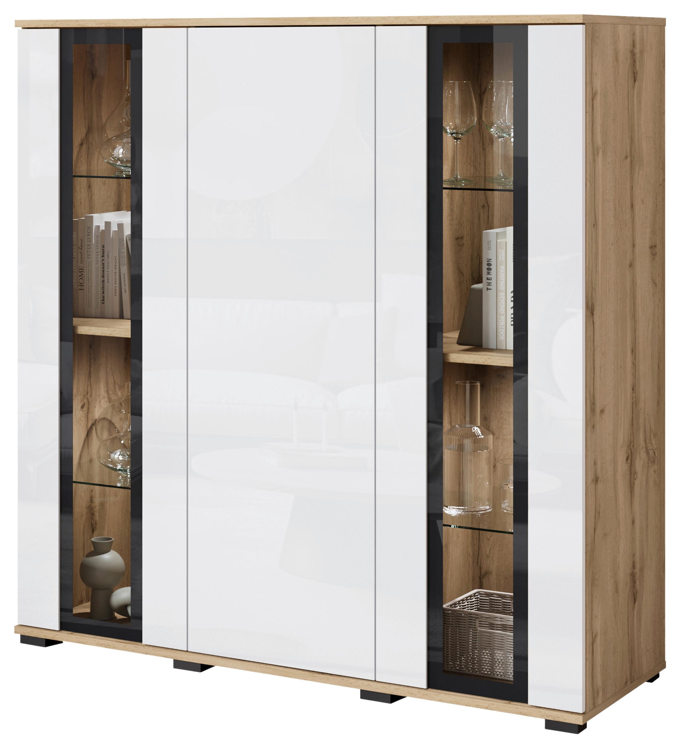 Highboard Caro 120 - Weiss Hochglanz/Eiche Wotan, Design, Glas/Holzwerkstoff (120/121,9/39,5cm) - P & B