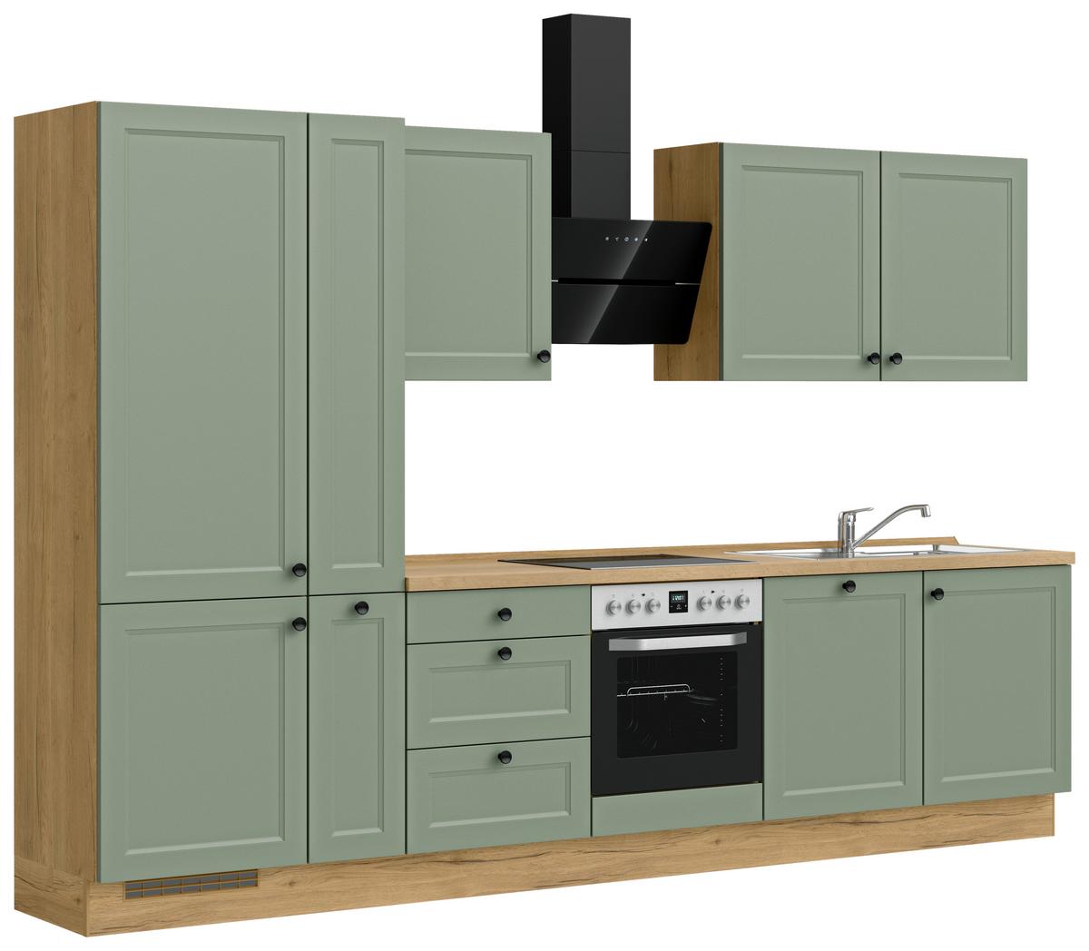 Küchenblock Cascada High m. Geräten Schilfgrün - Schilfgrün/Eichefarben, MODERN, Holzwerkstoff/Metall (330cm) - Nobilia