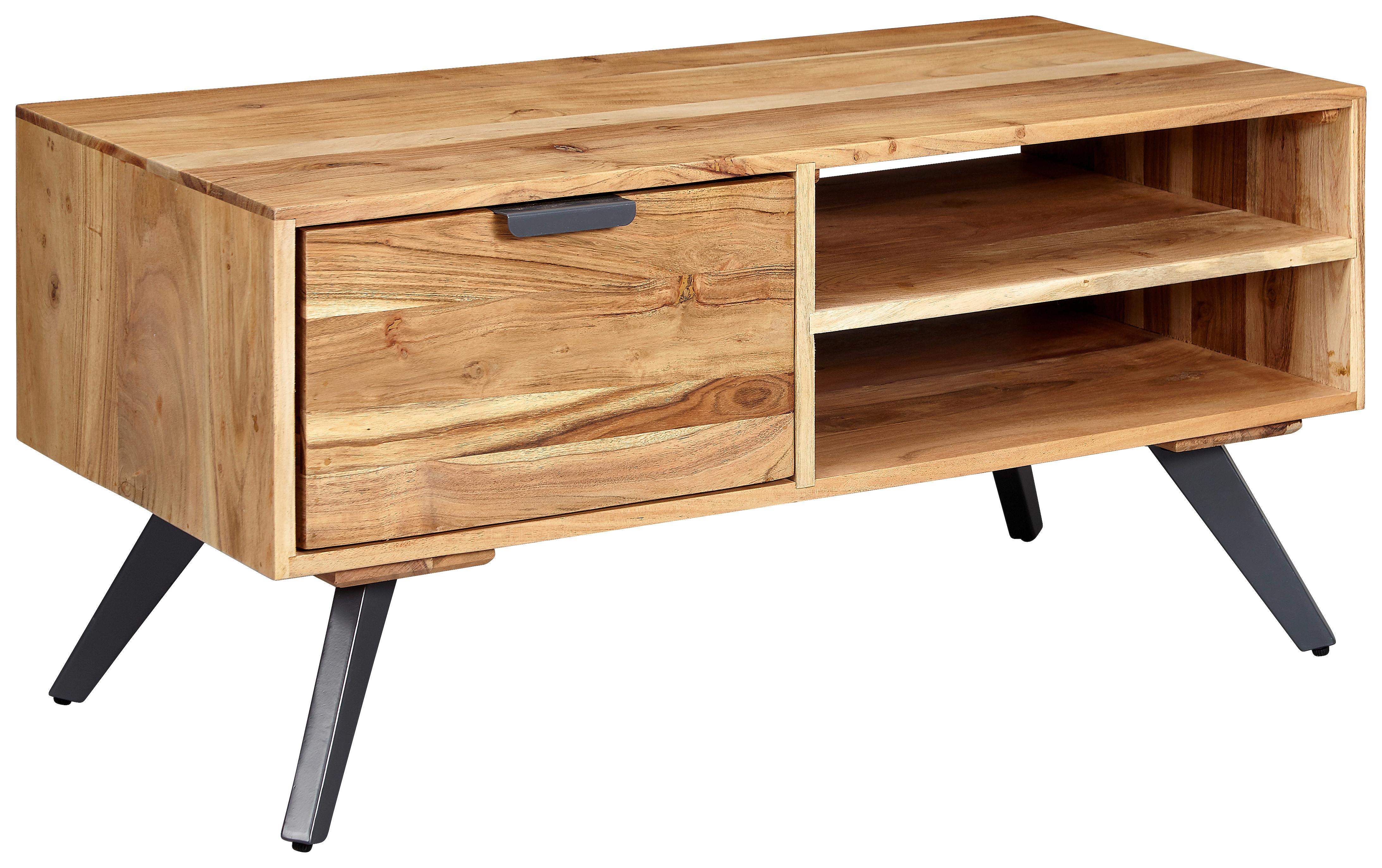 Couchtisch Holz massiv inkl. offenes Fach + Schublade - Naturfarben/Grau, KONVENTIONELL, Holz/Metall (95/45/45cm) - MID.YOU