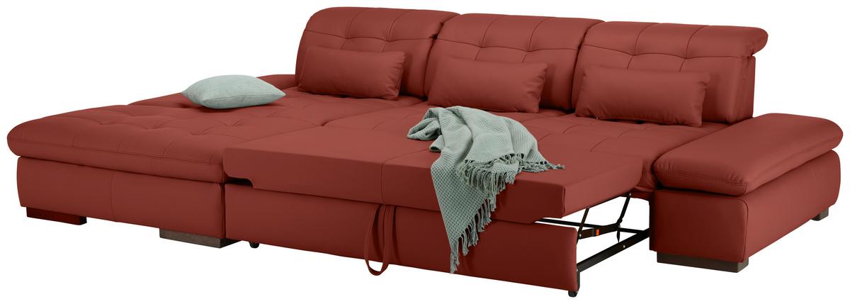 Wohnlandschaft Sanfino Leder Weinrot - Chromfarben/Weinrot, KONVENTIONELL, Leder/Metall (199/79-96/305cm) - Premium Living