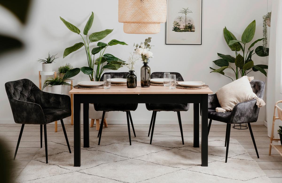 Raztegljiva Jedilna Miza Coburg, Črna, 140-180x80cm - črna/hrast artisan, Basics, leseni material (140-180/80/76,5cm) - MID.YOU