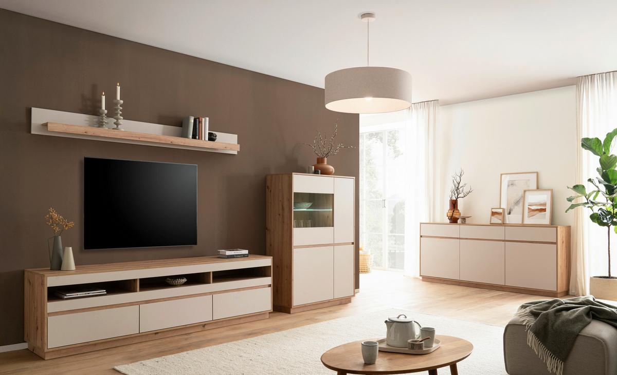 WOHNWAND SONORA - Kaschmir/Eiche Artisan, Design, Glas/Holzwerkstoff (292/205/40cm) - MID.YOU