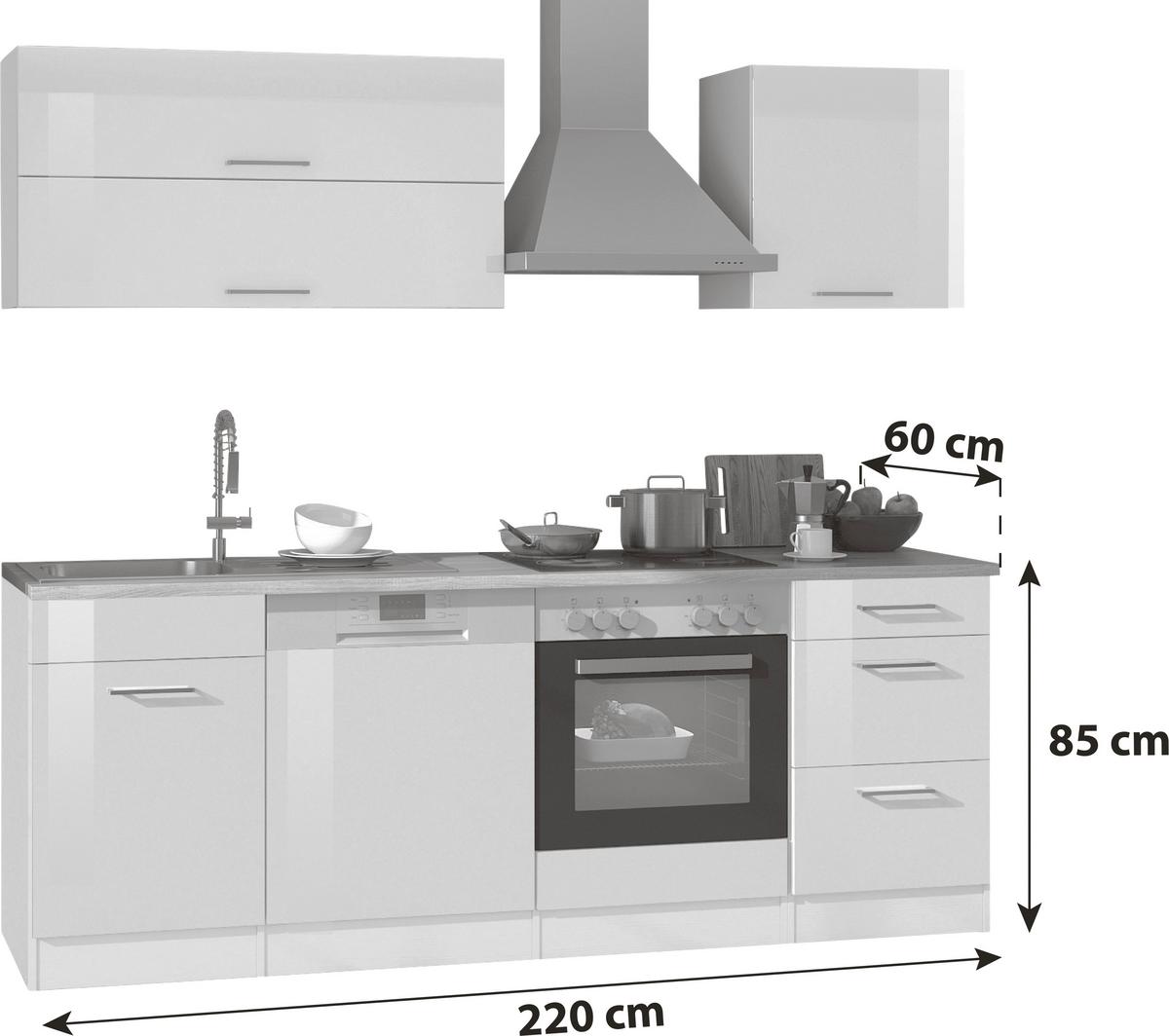 Küchenblock in Weiss inkl. E-Geräte 'Mailand' - Chromfarben/Weiß Hochglanz, MODERN, Holzwerkstoff/Metall (220cm) - Held
