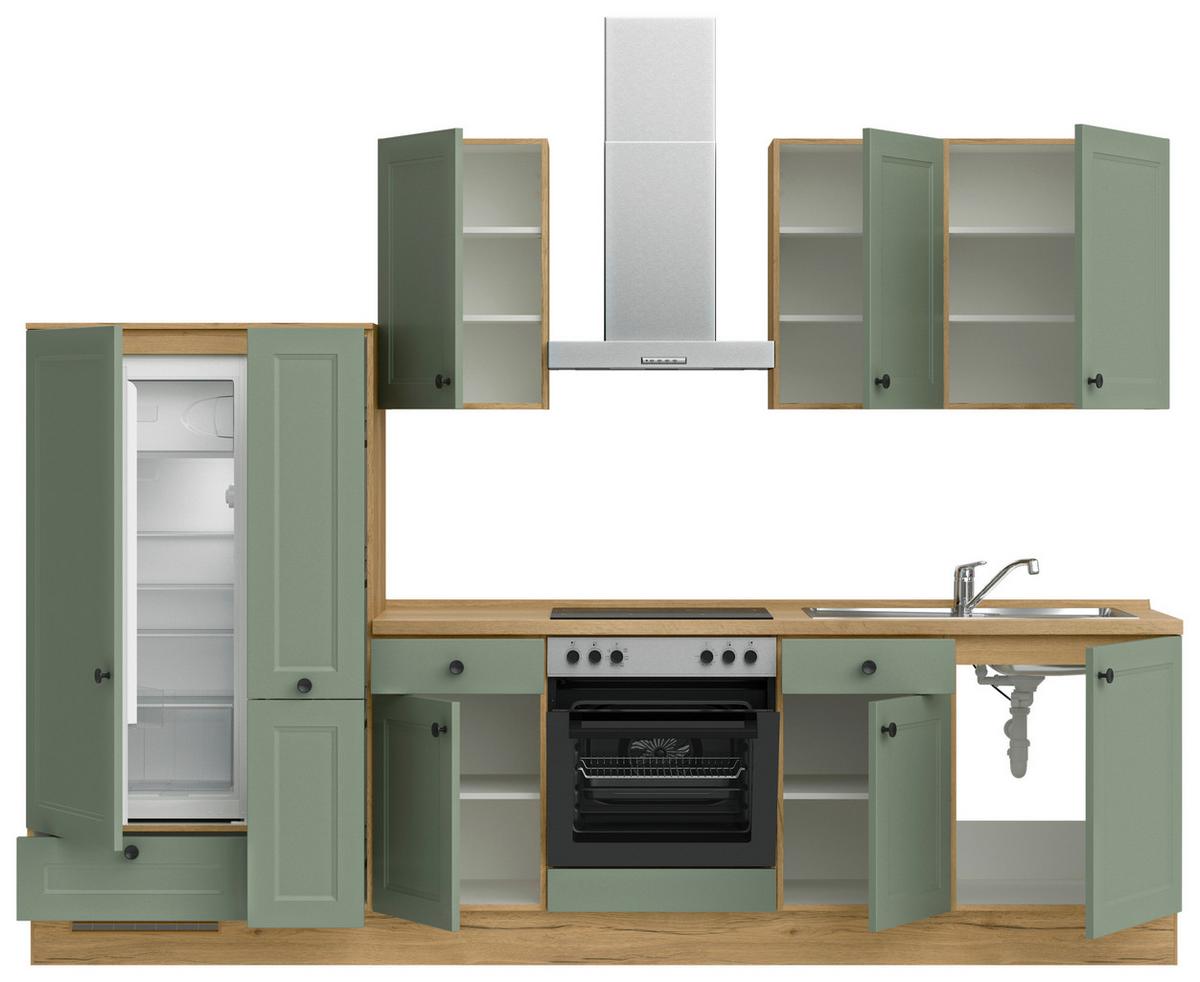 Küchenblock Cascada Low m. Geräten Schilfgrün - Schilfgrün/Eichefarben, MODERN, Holzwerkstoff/Metall (300cm) - Nobilia