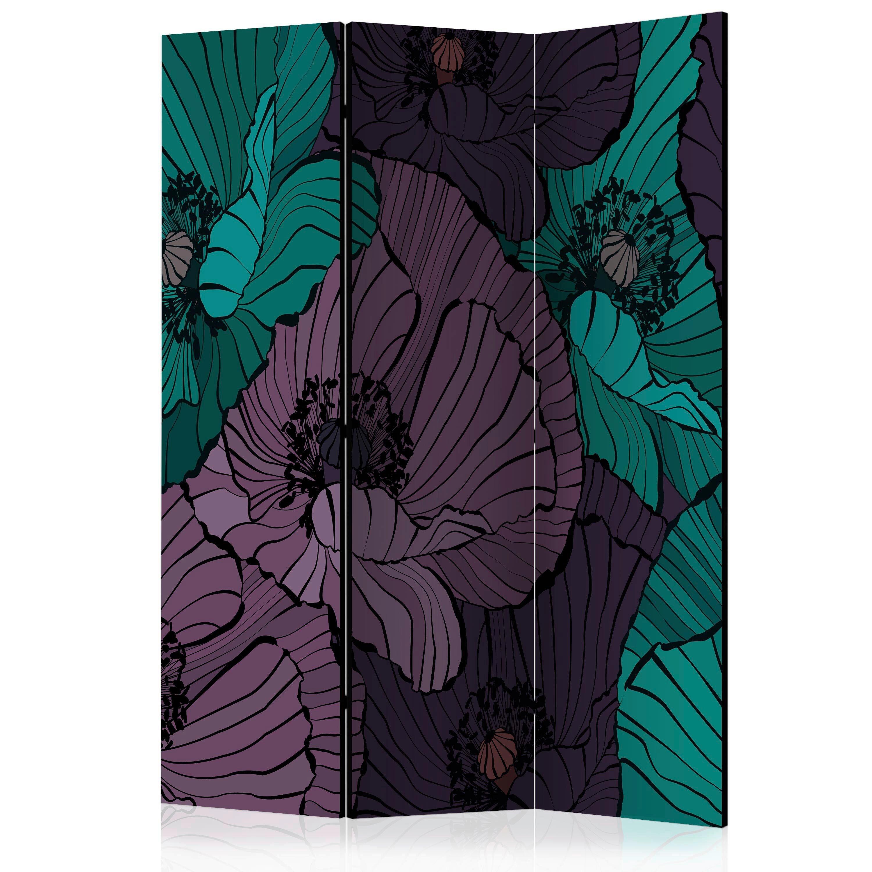 Paravan Flowerbed, 3-Delni, Dvostranski - vijolična/metino zelena, Basics, tekstil/les (135/172/3cm) - artgeist