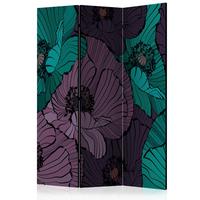 Paravan Flowerbed, 3-Delni, Dvostranski - vijolična/metino zelena, Basics, tekstil/les (135/172/3cm) - artgeist