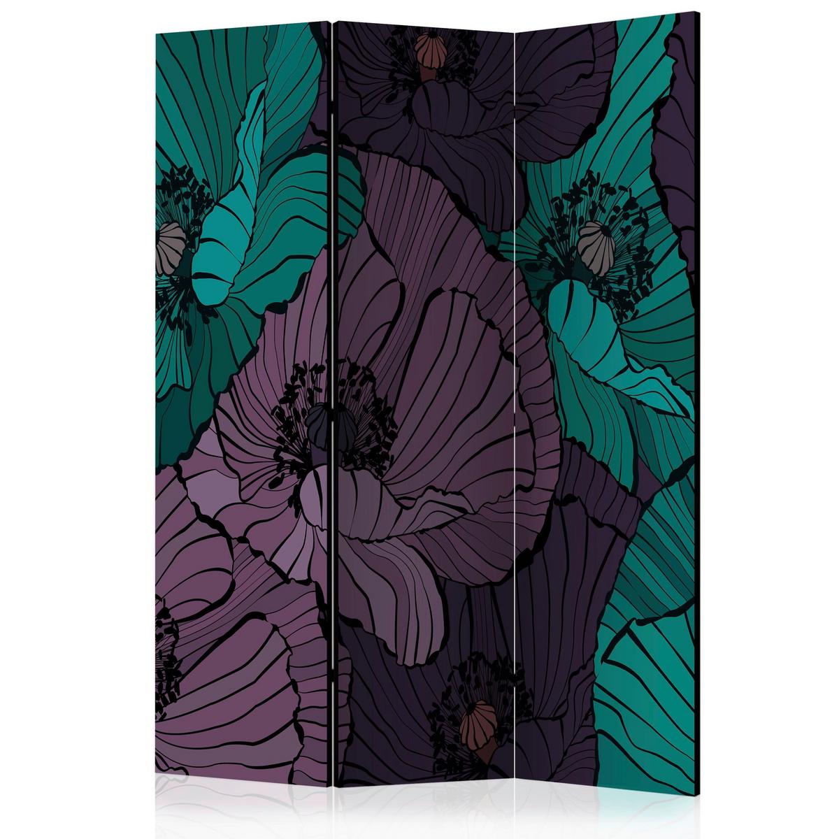 Paravan Flowerbed, 3-Delni, Dvostranski - vijolična/metino zelena, Basics, tekstil/les (135/172/3cm) - artgeist