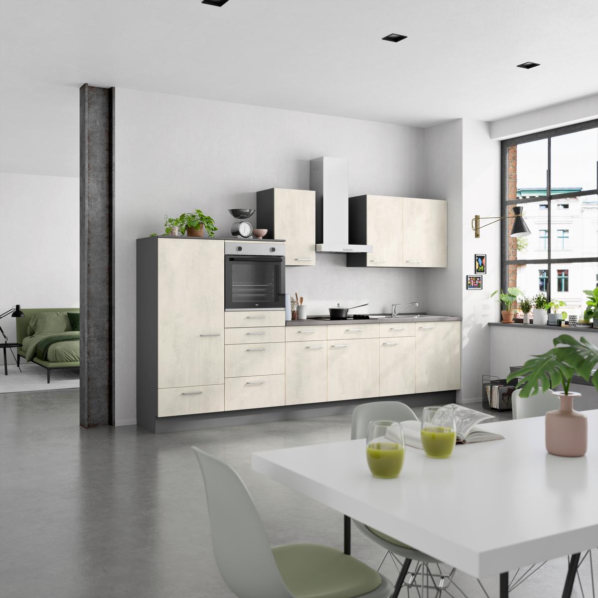 Küchenblock Riva Low m. Geräten Weiß - Schieferfarben/Edelstahlfarben, MODERN, Holzwerkstoff/Metall (330cm) - Nobilia