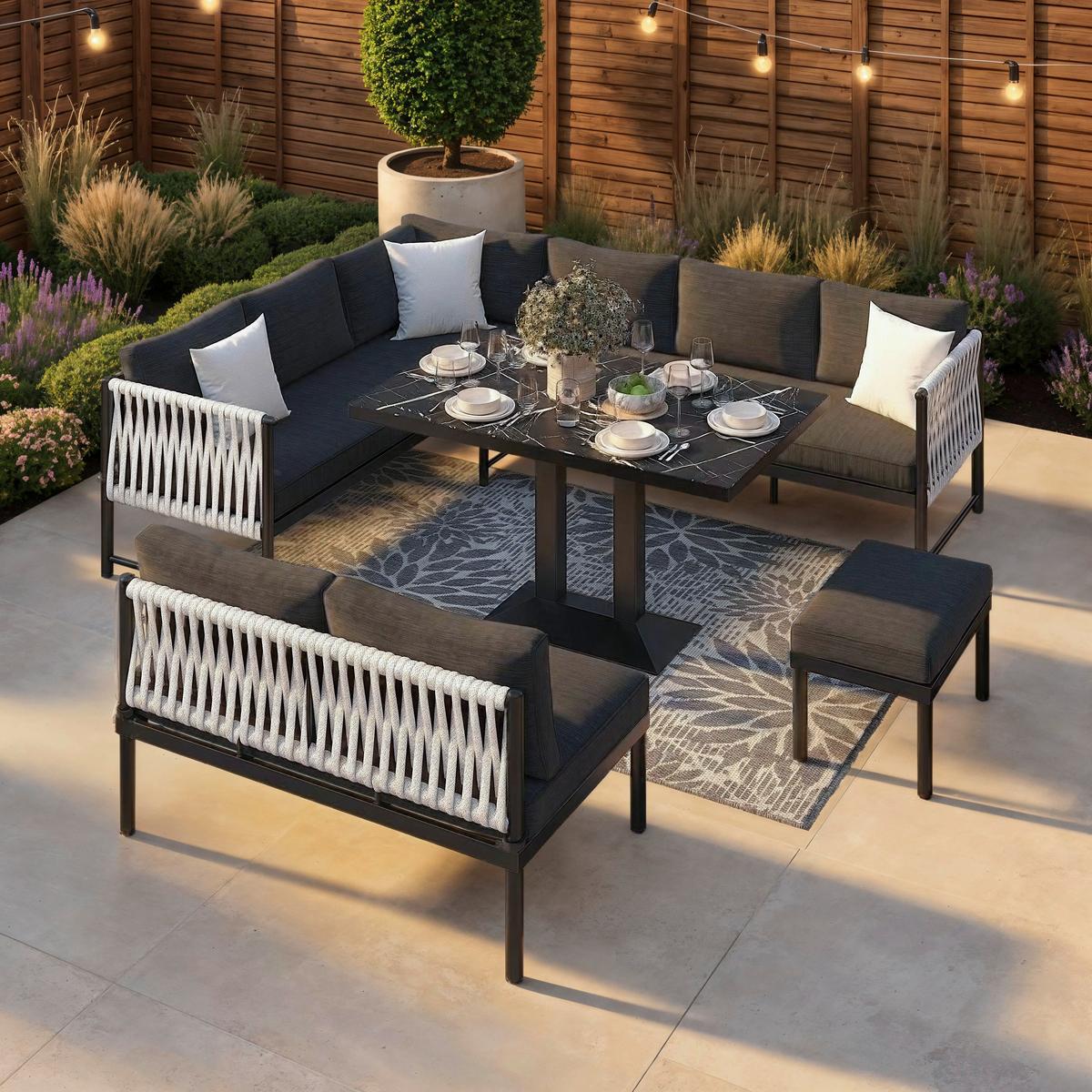 Dining-Loungeset Polly Schwarz Outdoorstoff/Metall - Hellgrau/Schwarz, MODERN, Kunststoff/Textil - Bessagi Garden