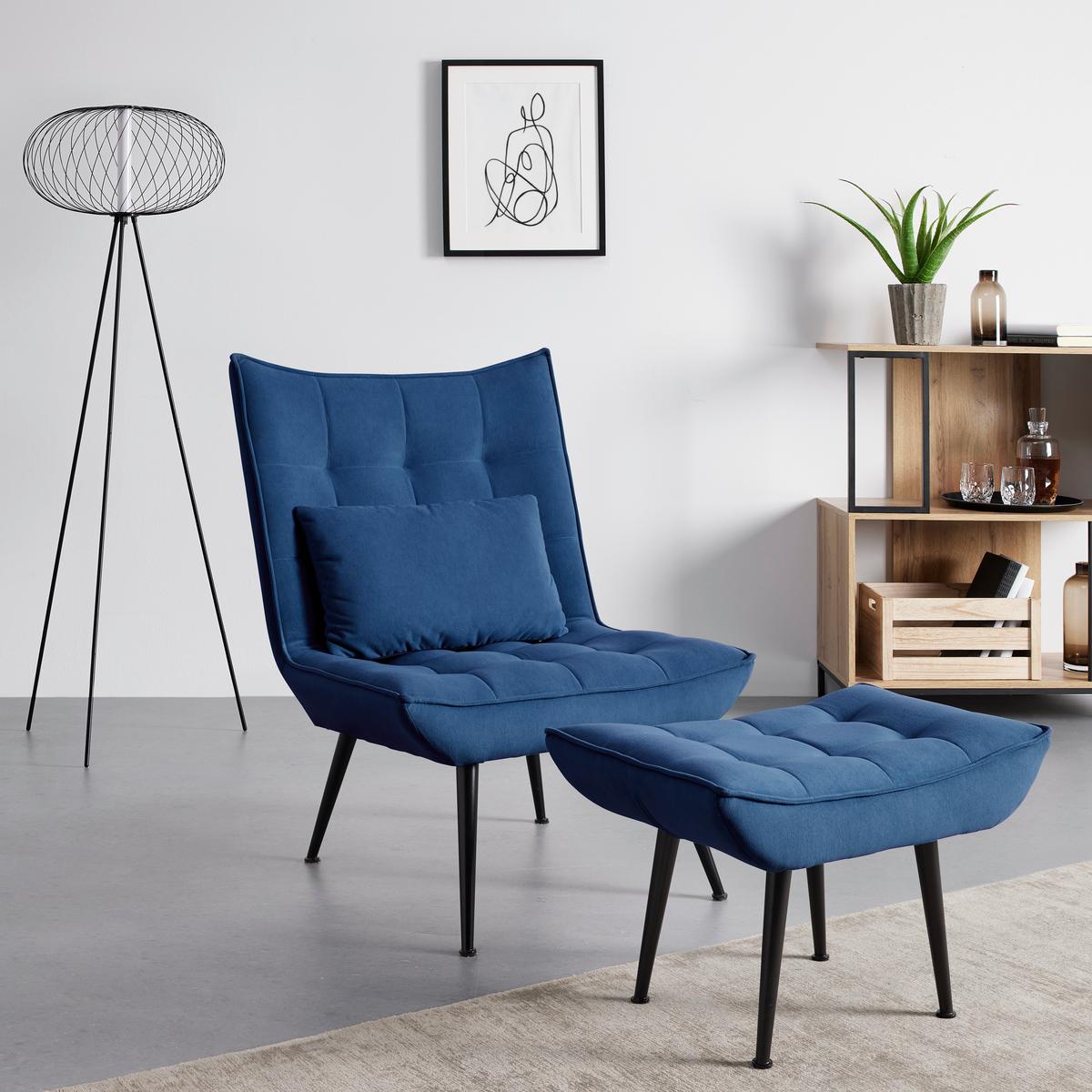 Relaxsessel mit Hocker Toma Blau Samt - Blau/Schwarz, MODERN, Holz/Textil (68/95/66cm) - Bessagi Home