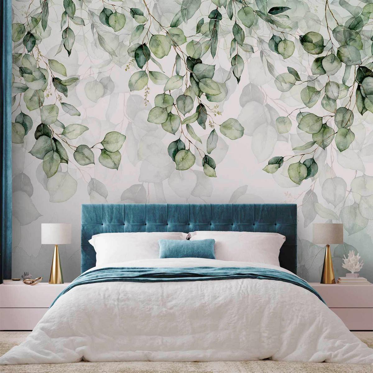 Fototapeta Leaves Lightness, 400x280cm - zelena/sivobela, Trendi, tekstil (400/280cm) - artgeist