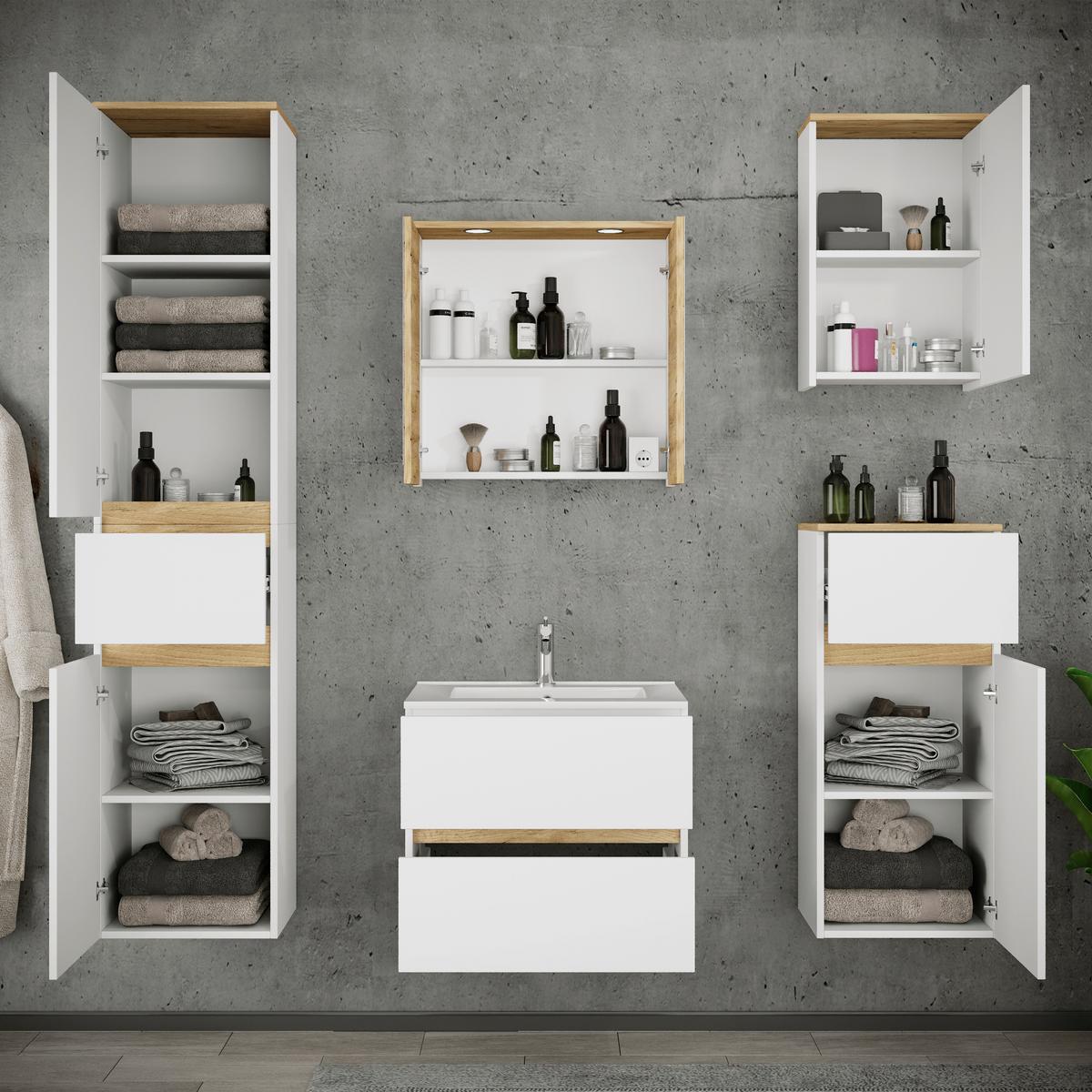 Badezimmer Cosila - Honigeiche/Weiss, Trend, Keramik/Holzwerkstoff (141cm) - MID.YOU