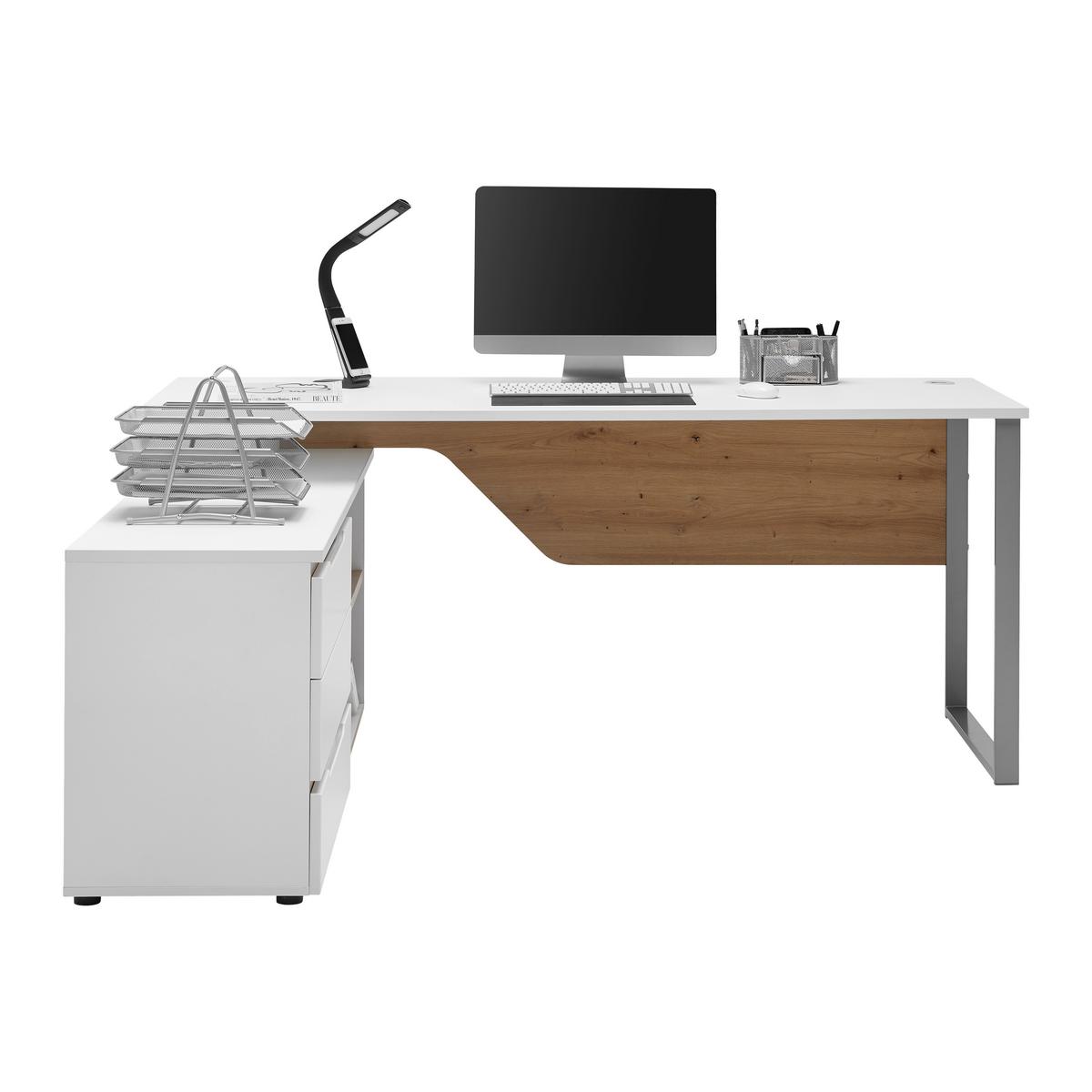 Eckschreibtisch Dallas Silber/Weiss/Eiche Artisan - Weiss/Silberfarben, Modern, Holzwerkstoff/Metall (180/77/160cm) - Mömax