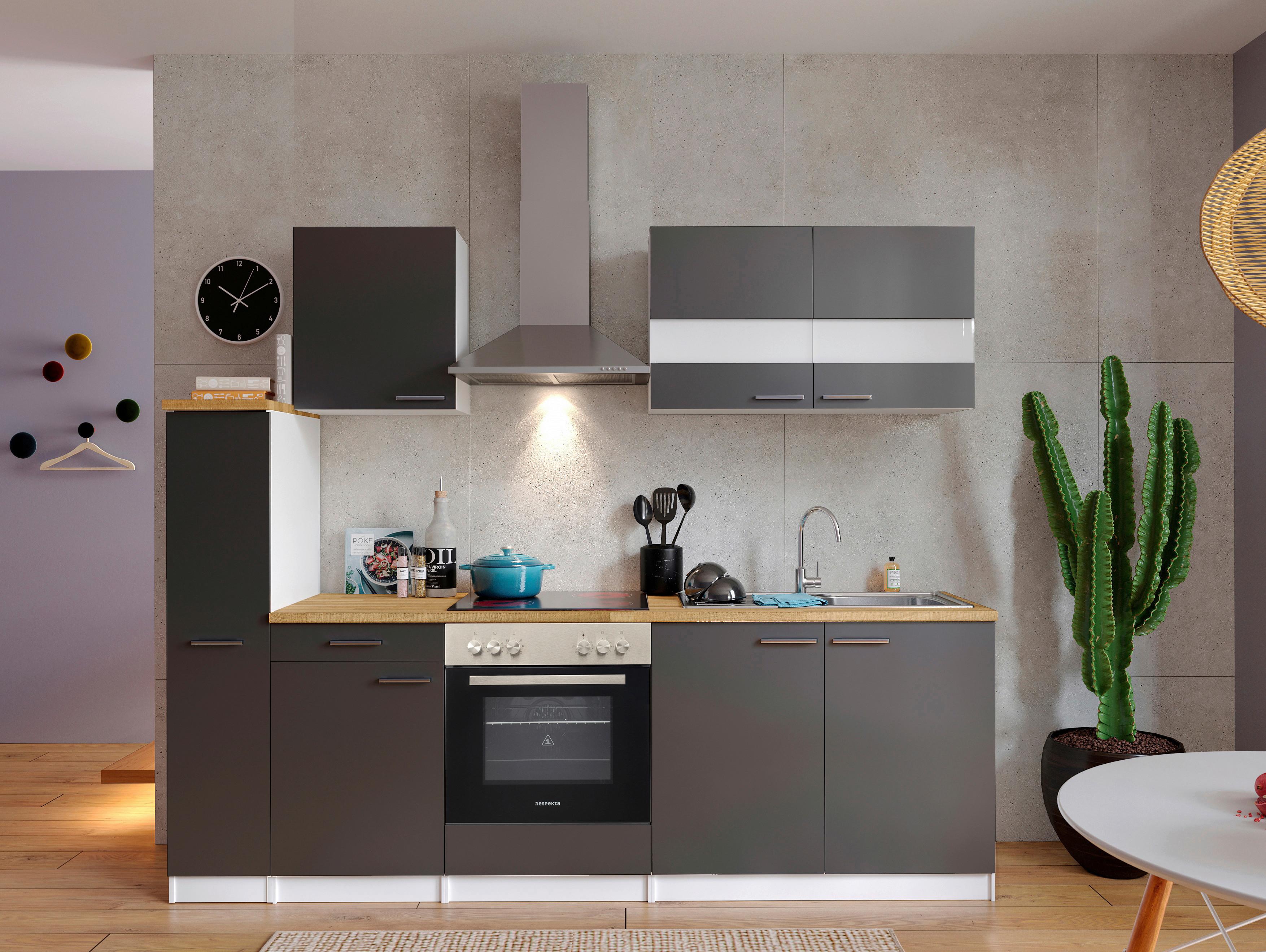 Küchenblock Malia mit Geräten ca. 240 cm Grau - Edelstahlfarben/Nussbaumfarben, Basics, Holzwerkstoff/Metall (240cm) - Respekta