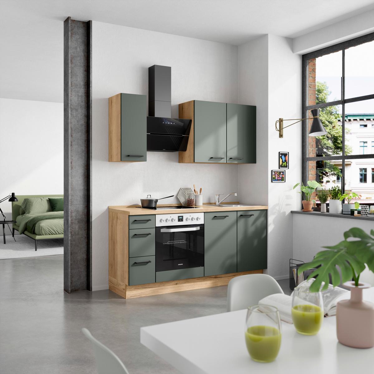 Küchenblock Easytouch m. Geräten Dunkelgrün - Dunkelgrün/Eichefarben, MODERN, Holzwerkstoff/Metall (180cm) - Nobilia