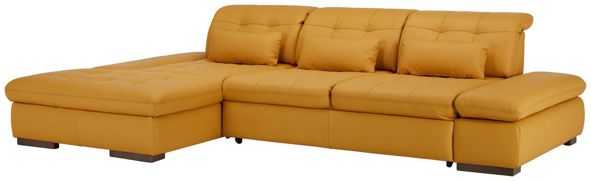 Wohnlandschaft Sanfino Leder Currygelb - Currygelb/Chromfarben, KONVENTIONELL, Leder/Metall (199/79-96/305cm) - Premium Living