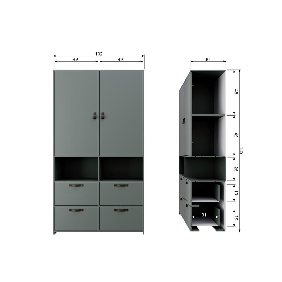 Kleiderschrank Stage Dunkelgrün - Braun/Grün, Design, Leder/Holz (103/185/40cm) - Livetastic