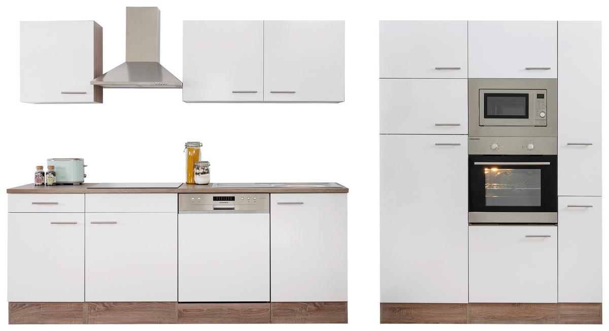 Küchenzeile Economy o. Geräte Weiß/Eiche B: ca. 370 cm - Edelstahlfarben/Eichefarben, Basics, Holzwerkstoff/Metall (370cm) - Respekta