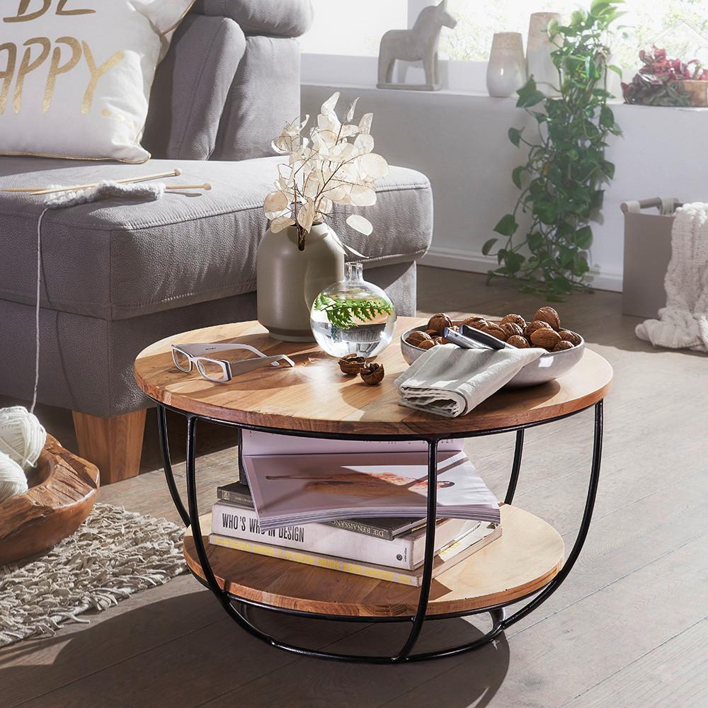 Couchtisch "WL5.957" , Ø ca. 60 cm, aus Akazie - Schwarz/Akaziefarben, MODERN, Holz/Metall (60/60/34,5cm) - MID.YOU