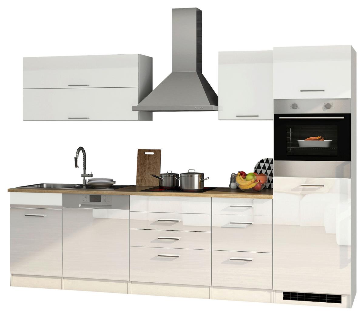 Küchenblock Mailand m. Geräten Weiß Hochglanz - Weiß Hochglanz/Silberfarben, MODERN, Holzwerkstoff/Metall (300cm) - Held