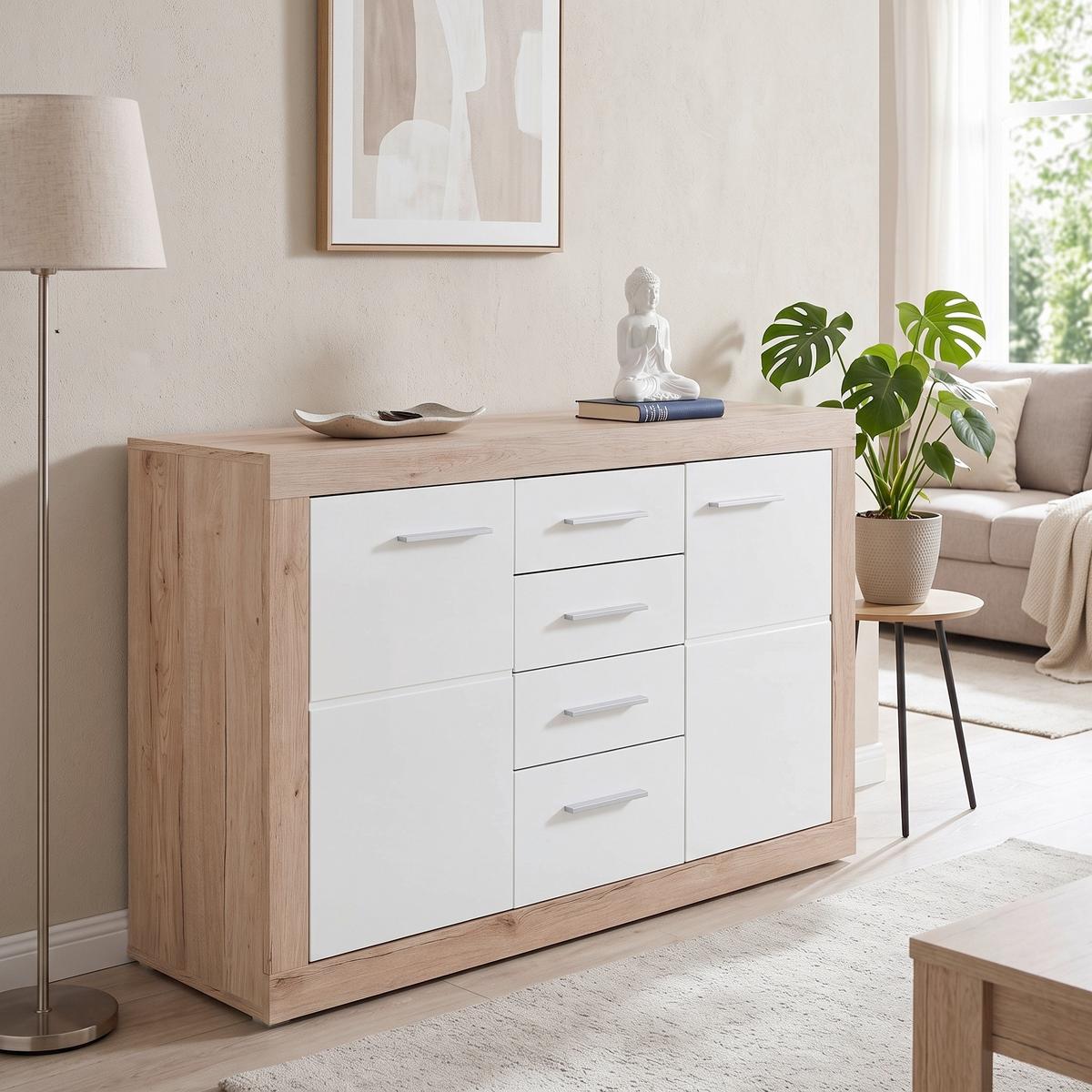 Servantă Malta - alb/culoare lemn stejar, Modern, material pe bază de lemn (138/86/35cm) - Modern Living