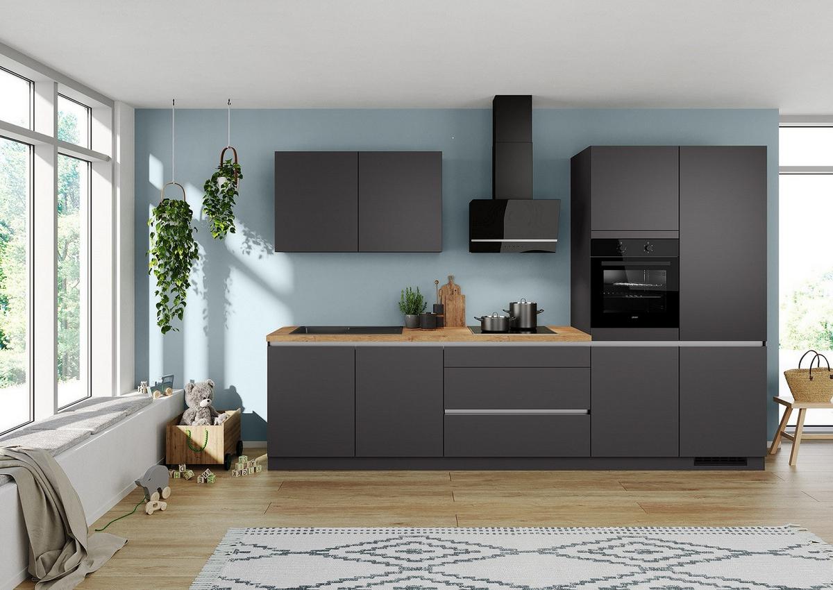 Küchenblock mit Geräten ca. 340 cm Graphitfarben - Edelstahlfarben/Eichefarben, Trend, Holzwerkstoff/Metall (340cm) - Impuls